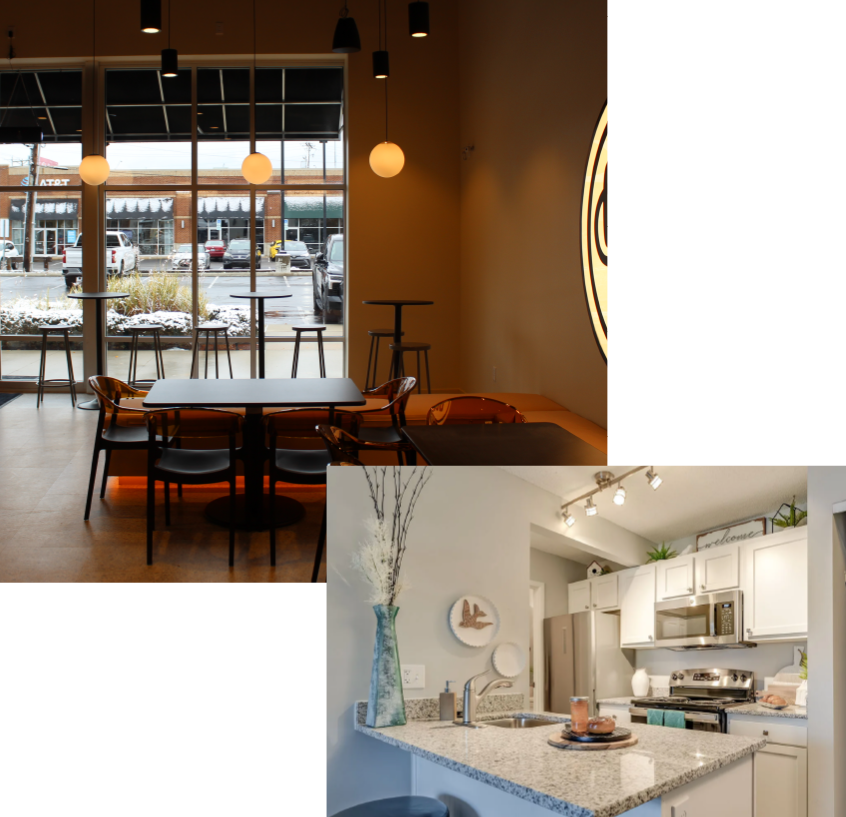 Collage of completed interior spaces including retail seating areas and modern residential-style finishes used in mixed-use commercial projects